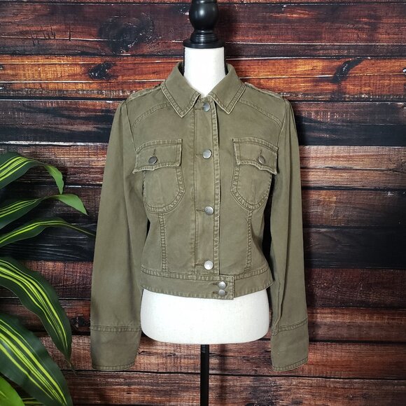 American Eagle Denim Military Jacket Size M Cropped Brown Button Front - Picture 1 of 9